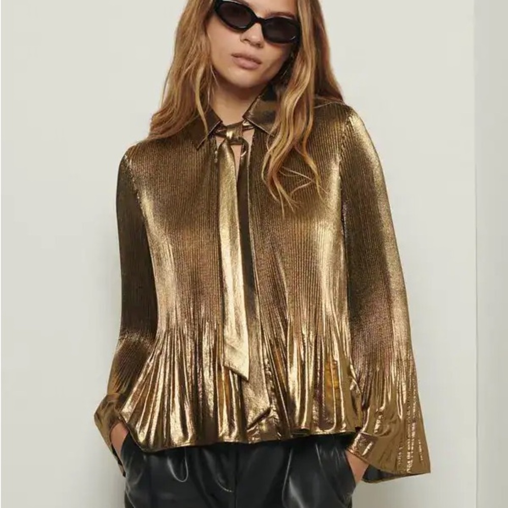 Derek Lam 10 Crosby Ellery Blouse Metallic Gold Pleated Tie-Neck Blouse